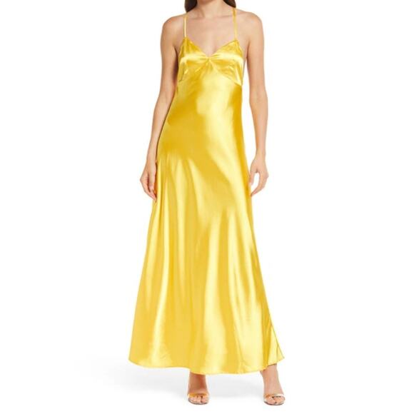 Lulus Yellow One Last Glance Satin Sleeveless Halter Tie Neck Maxi Dress Large - Picture 1 of 5